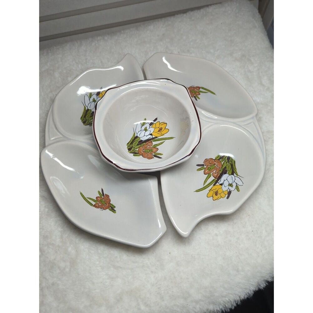 Vintage California Pottery Lazy Susan Chip and Dip 1960's White Mid‎ Century MCM
